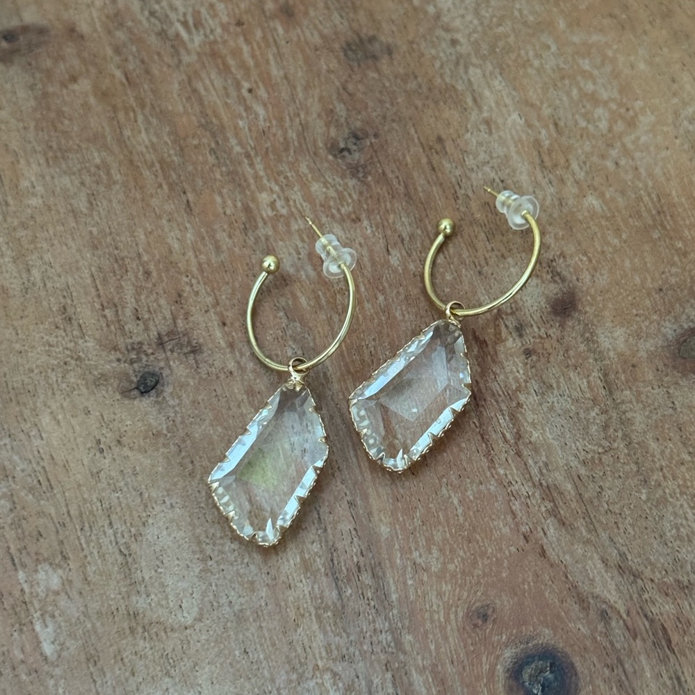 Gold Hoop Glass Pendant Earrings Iridescent Gemstone Modern Drop 1.75”